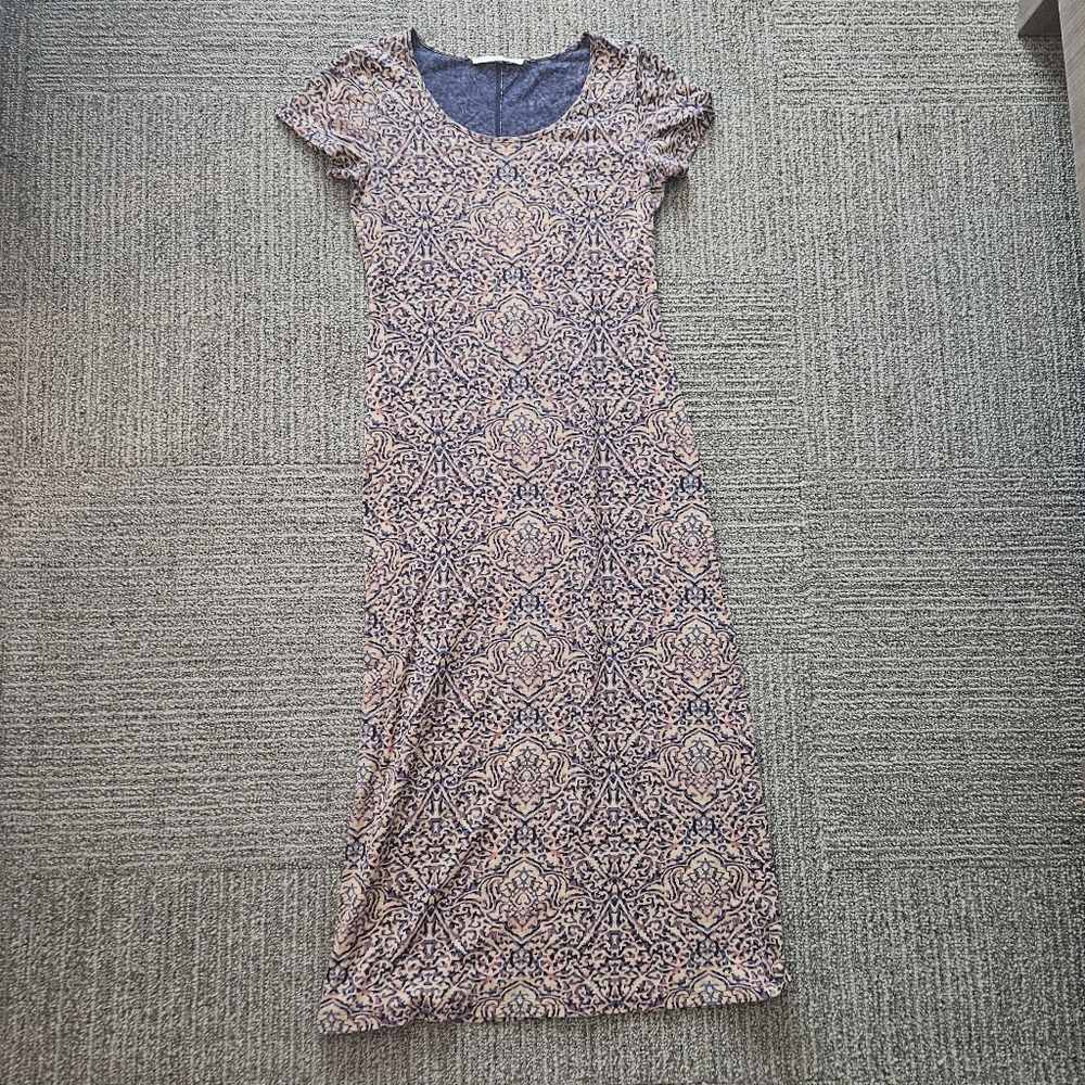 Peruvian Connection SZ S Short Sleeve Scoop Neck Damask Fitted Maxi Dress Casual - Picture 2 of 8